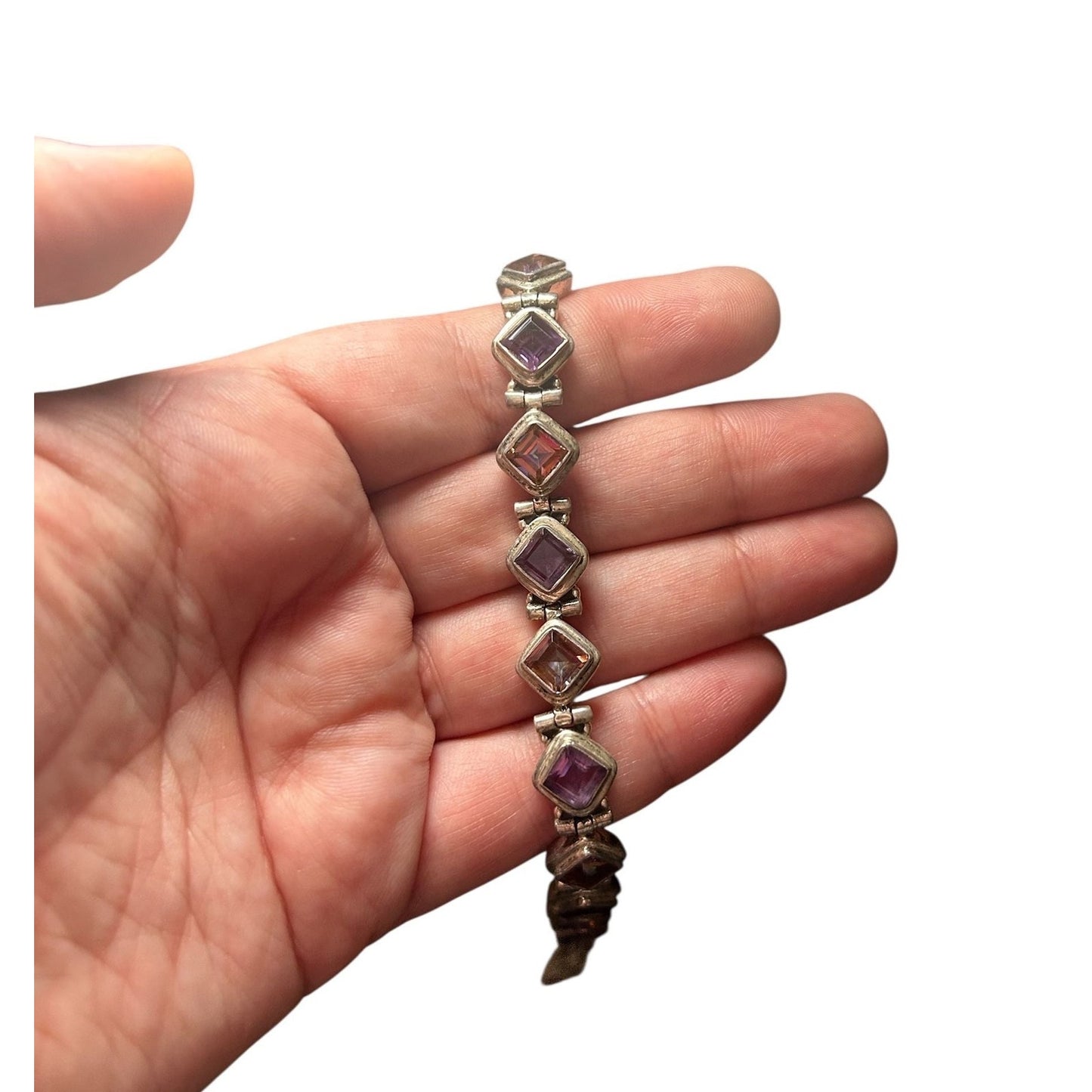 Vintage Mexican Sterling Silver Geometric Mystic Topaz Link Bracelet