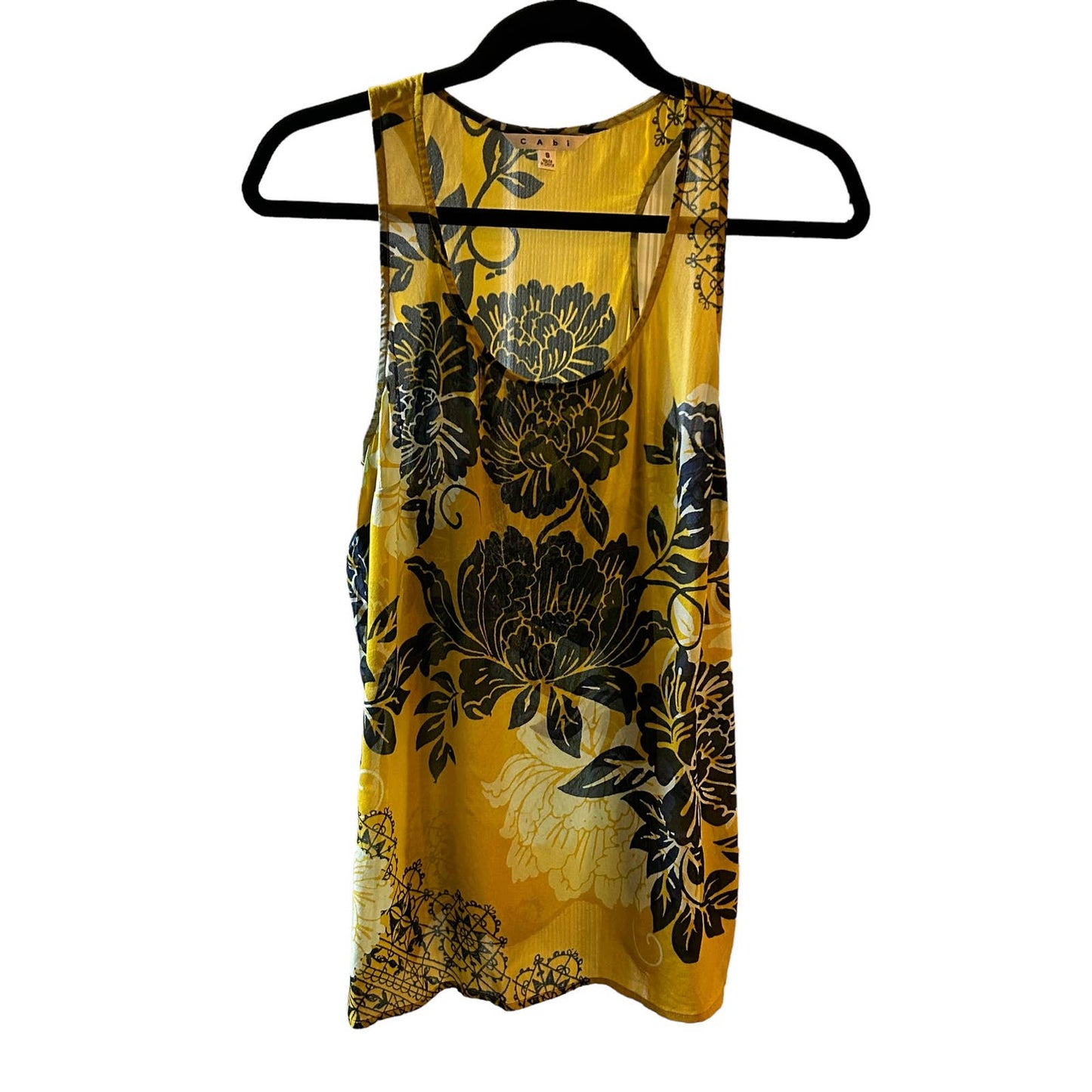 CAbi Size Small Yellow and Dark Blue Floral Tank top