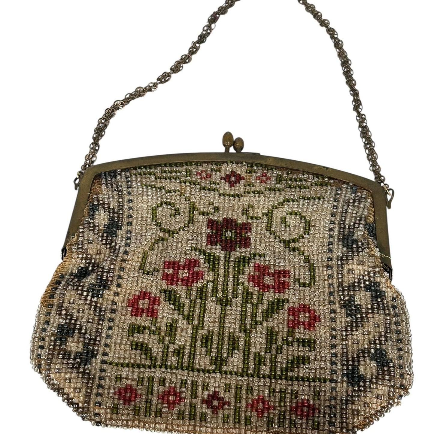 Vintage Hand-Beaded Floral Evening Bag with Metal Frame