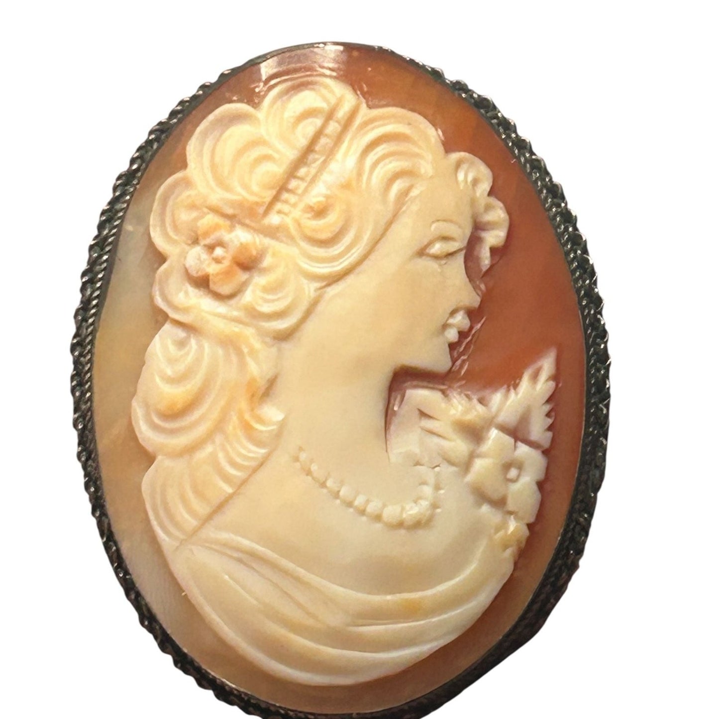 Vintage Hand-Carved Shell Cameo Brooch Pendant in 925 Sterling Silver