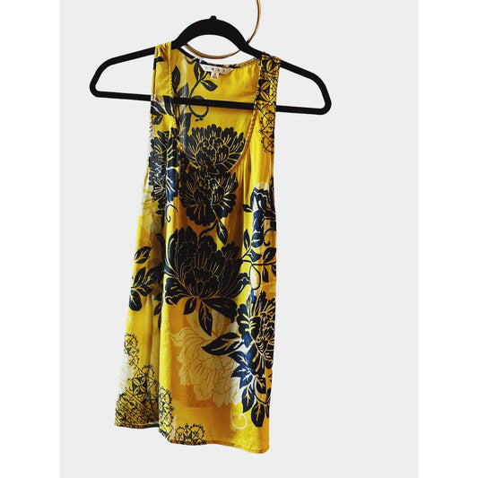 CAbi Size Small Yellow and Dark Blue Floral Tank top