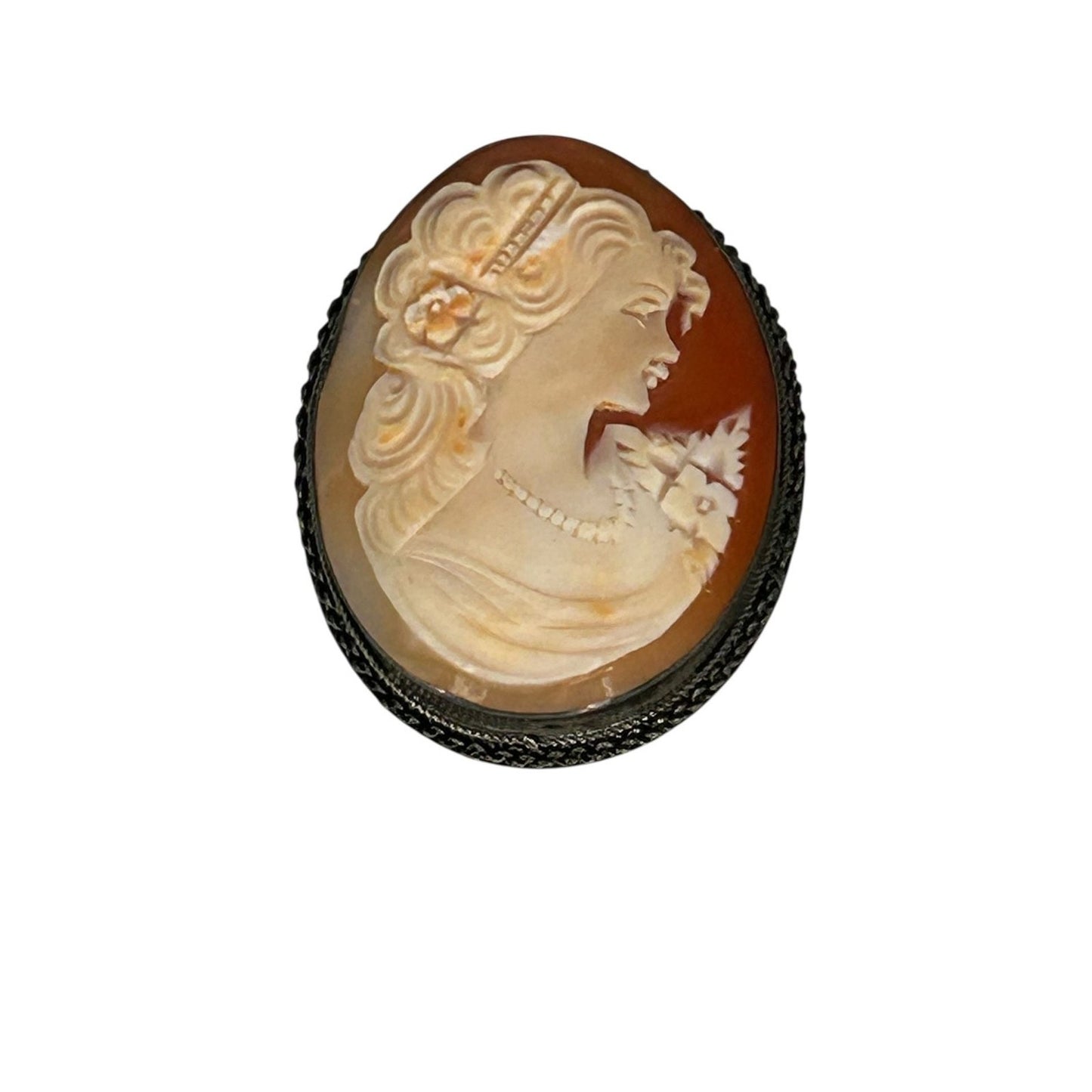 Vintage Hand-Carved Shell Cameo Brooch Pendant in 925 Sterling Silver