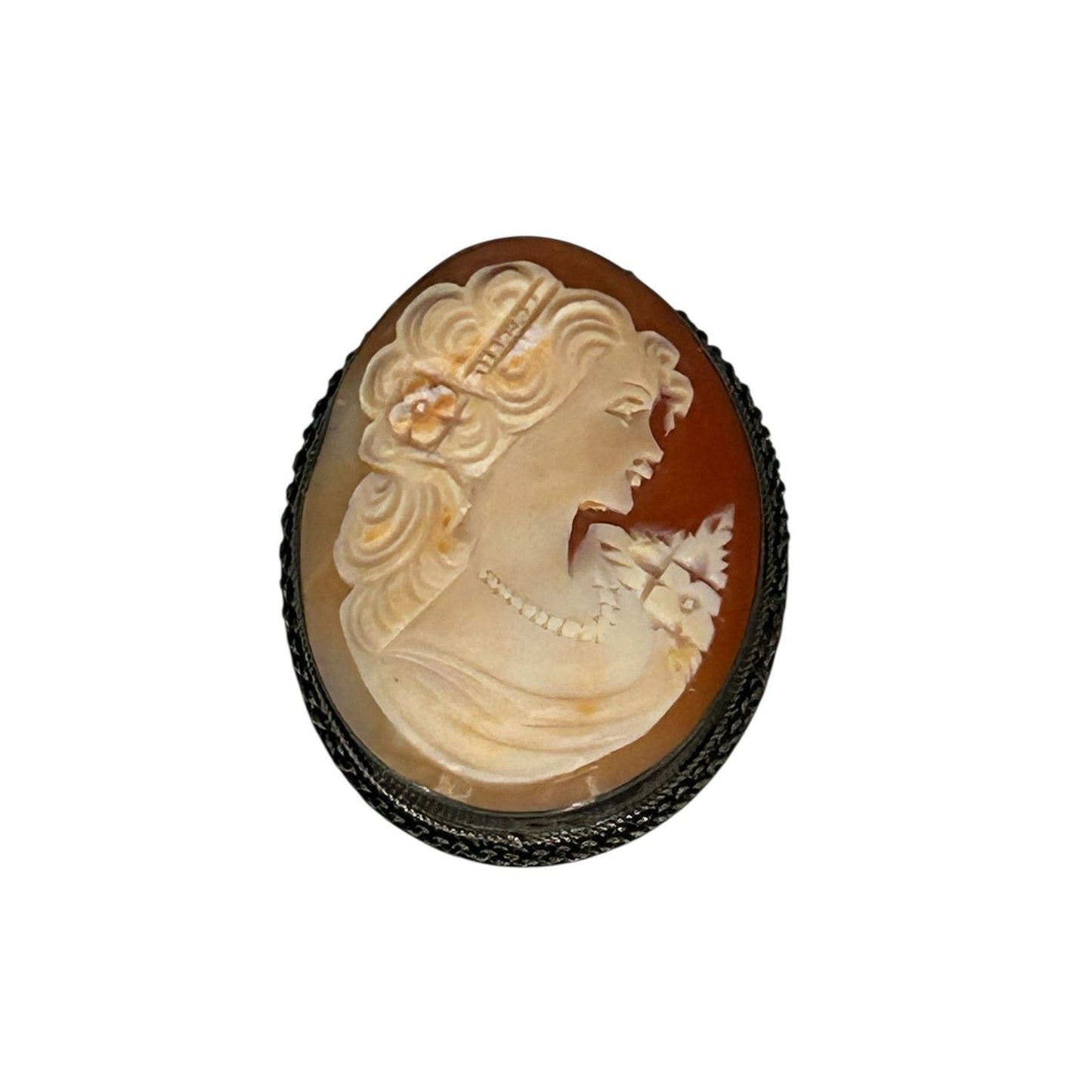 Vintage Hand-Carved Shell Cameo Brooch Pendant in 925 Sterling Silver